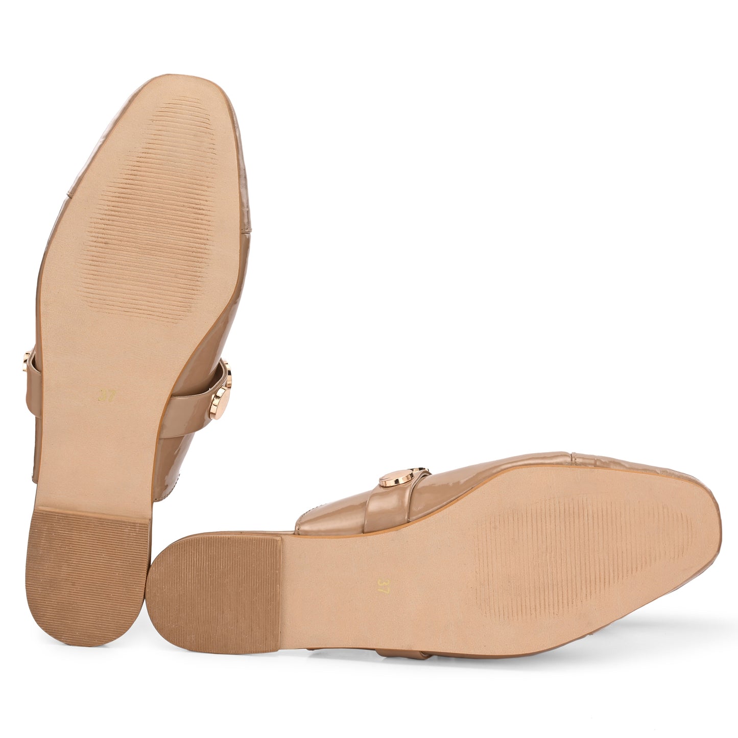 Legwork Patent Flat Mule — Gold Coin Studs | Beige