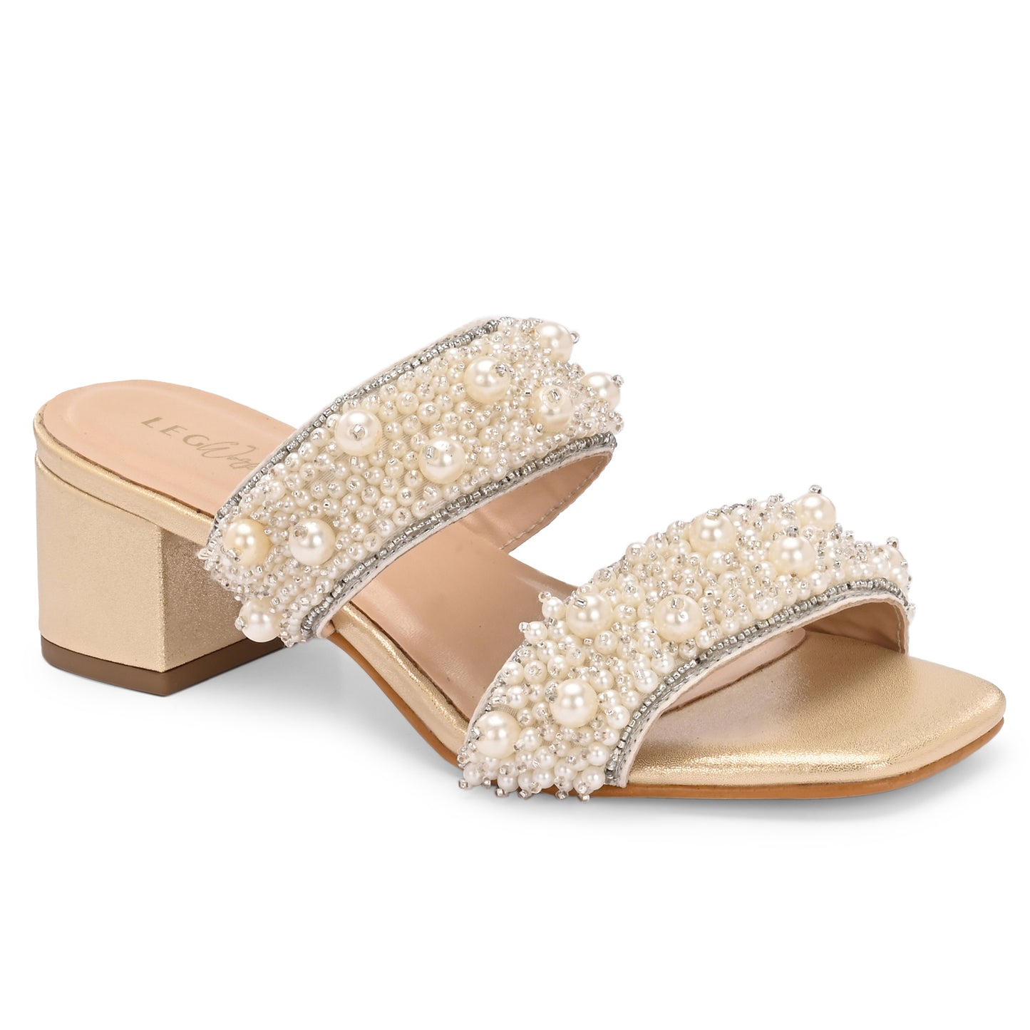 Legwork Pearl & Crystal Embellished Double Strap Block Heel Sandal — Gold