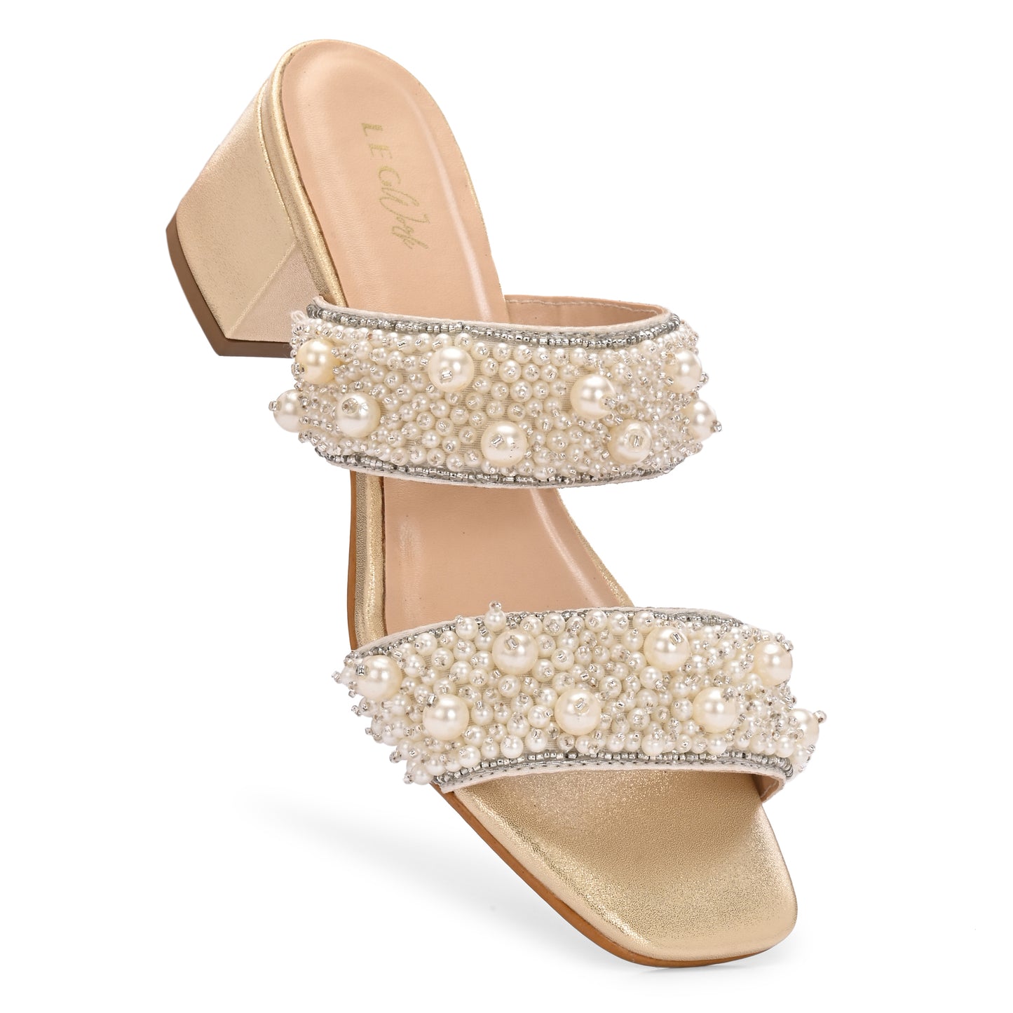 Legwork Pearl & Crystal Embellished Double Strap Block Heel Sandal — Gold