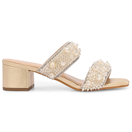 Legwork Pearl & Crystal Embellished Double Strap Block Heel Sandal — Gold