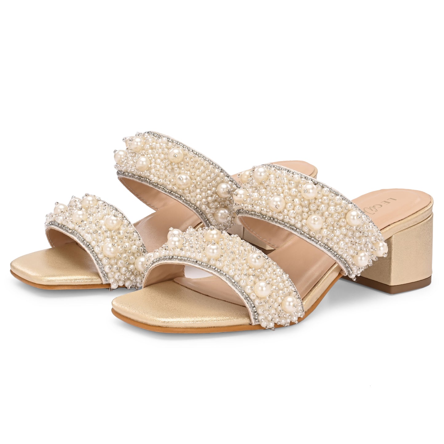 Legwork Pearl & Crystal Embellished Double Strap Block Heel Sandal — Gold