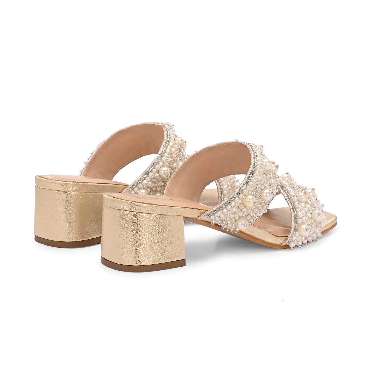 Legwork Pearl & Crystal Embellished Double Strap Block Heel Sandal — Gold