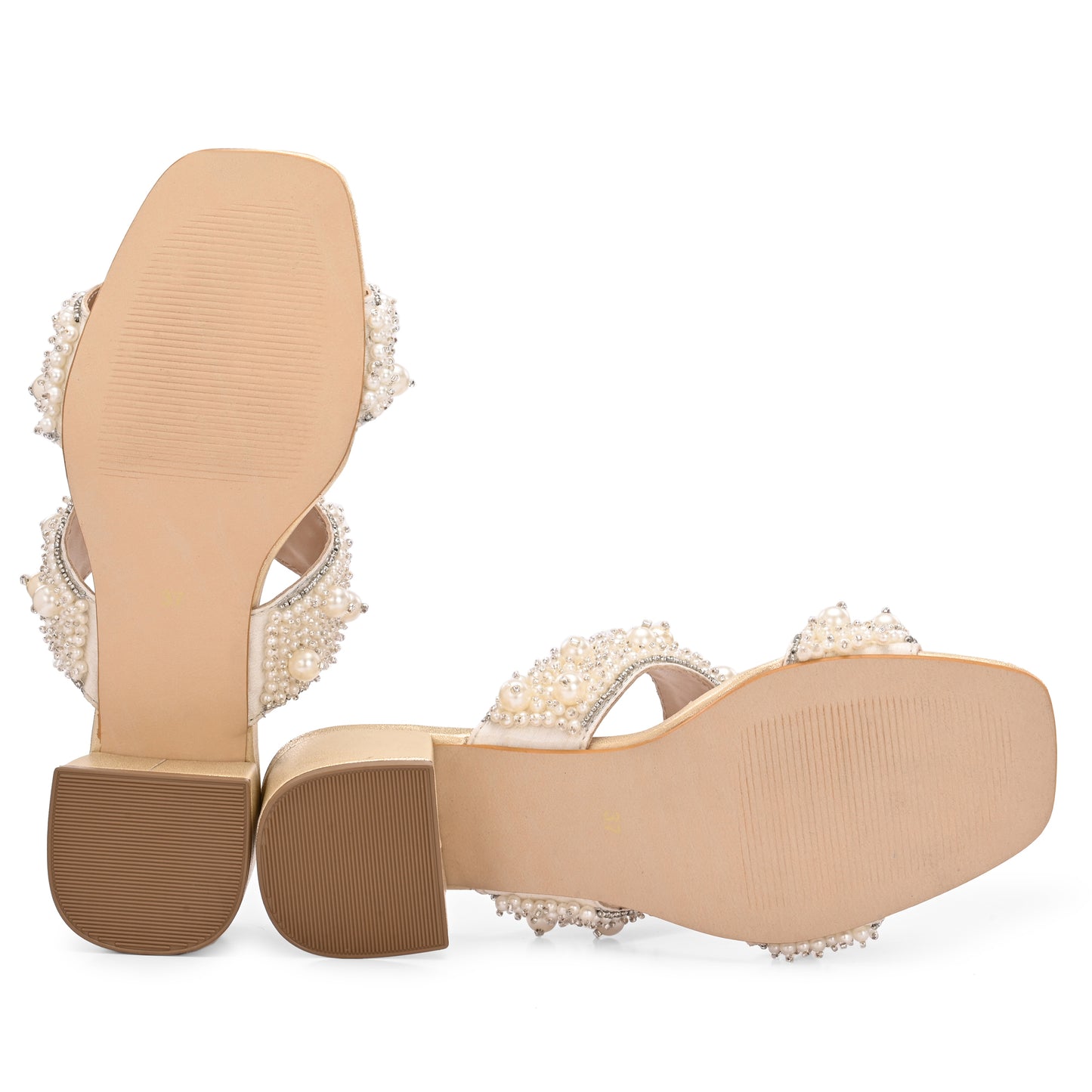 Legwork Pearl & Crystal Embellished Double Strap Block Heel Sandal — Gold