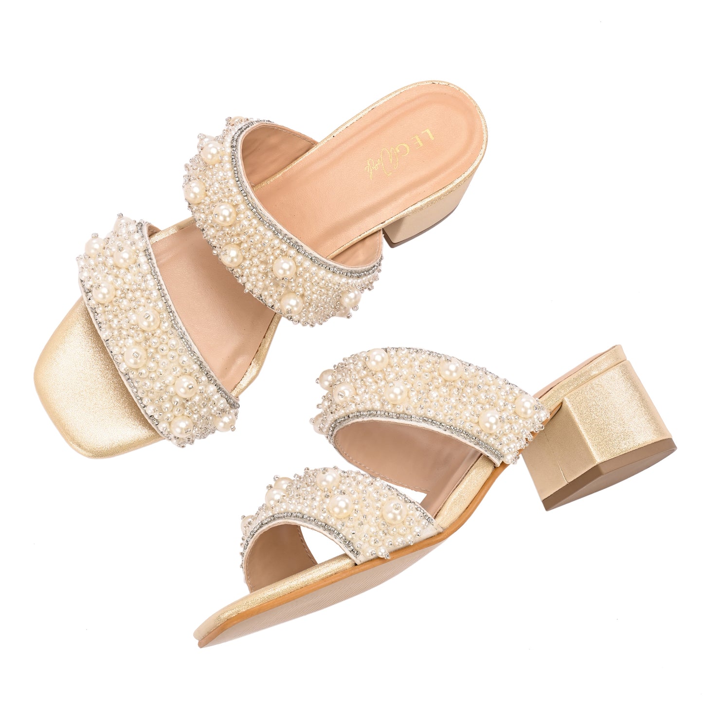 Legwork Pearl & Crystal Embellished Double Strap Block Heel Sandal — Gold