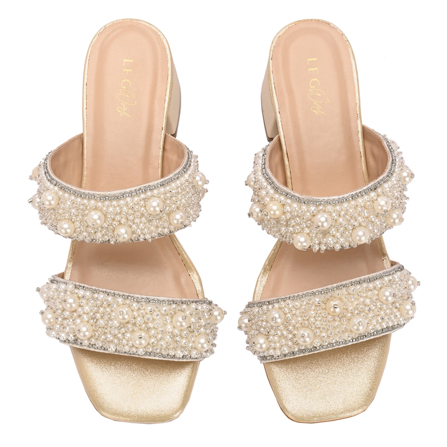Legwork Pearl & Crystal Embellished Double Strap Block Heel Sandal — Gold