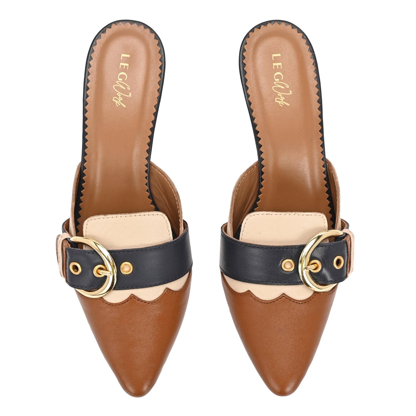 Legwork Kitten Heel Leather Mule — Tan/Navy/Cream