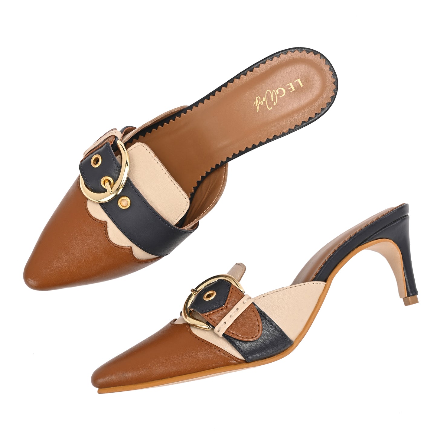Legwork Kitten Heel Leather Mule — Tan/Navy/Cream