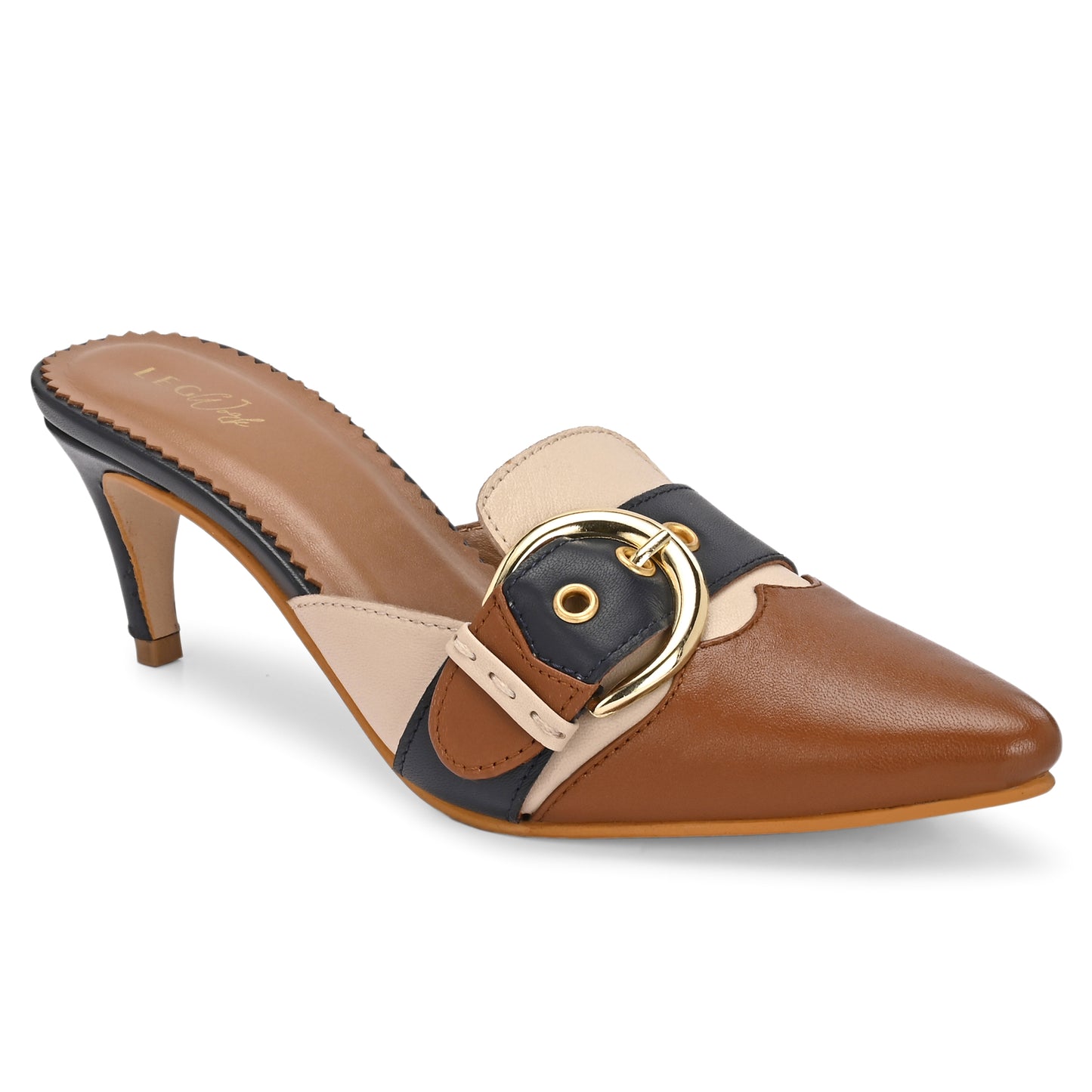 Legwork Kitten Heel Leather Mule — Tan/Navy/Cream