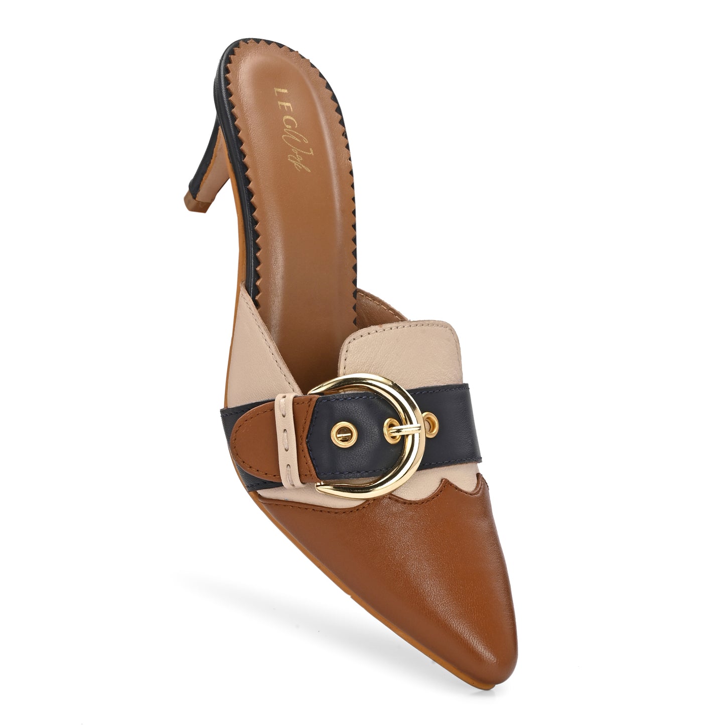 Legwork Kitten Heel Leather Mule — Tan/Navy/Cream