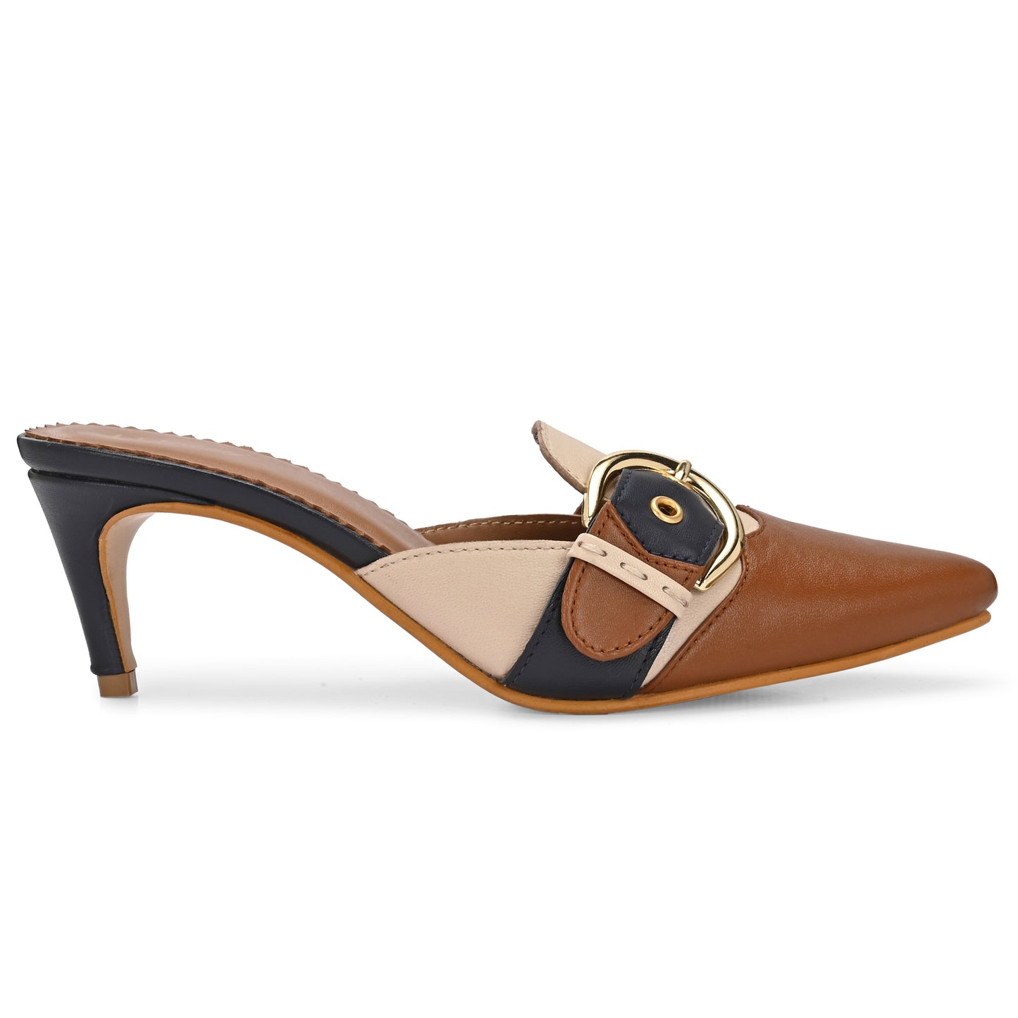 Legwork Kitten Heel Leather Mule — Tan/Navy/Cream