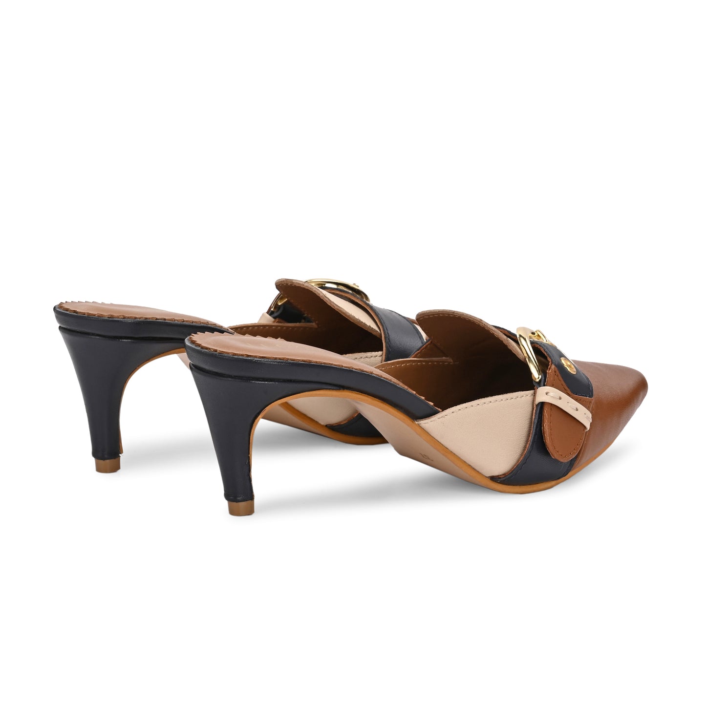 Legwork Kitten Heel Leather Mule — Tan/Navy/Cream