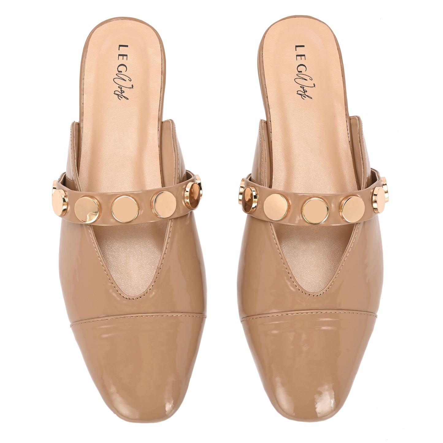 Legwork Patent Flat Mule — Gold Coin Studs | Beige