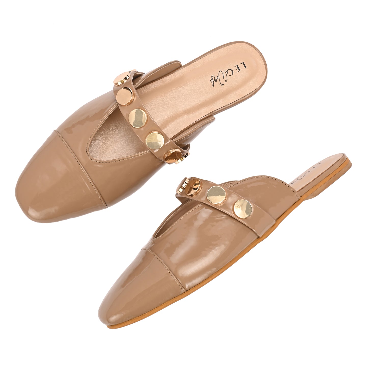 Legwork Patent Flat Mule — Gold Coin Studs | Beige