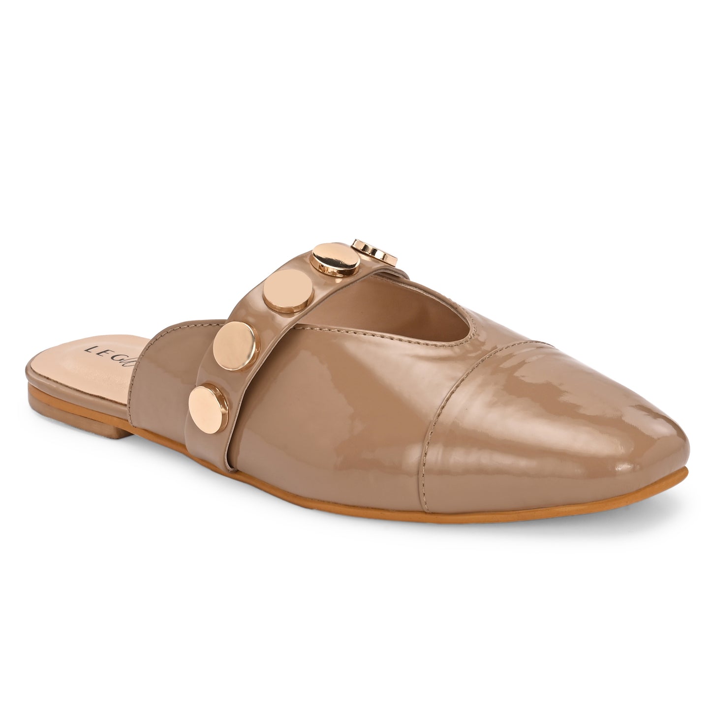 Legwork Patent Flat Mule — Gold Coin Studs | Beige
