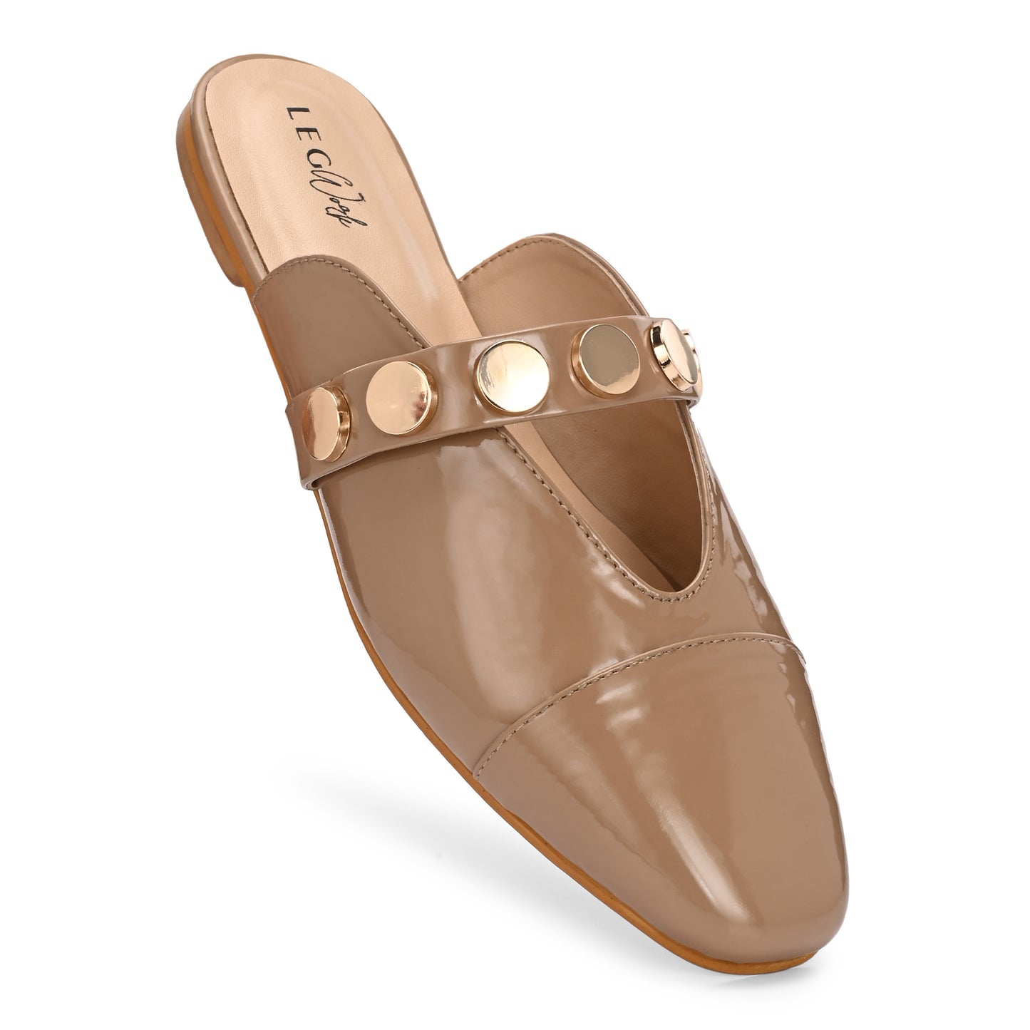 Legwork Patent Flat Mule — Gold Coin Studs | Beige