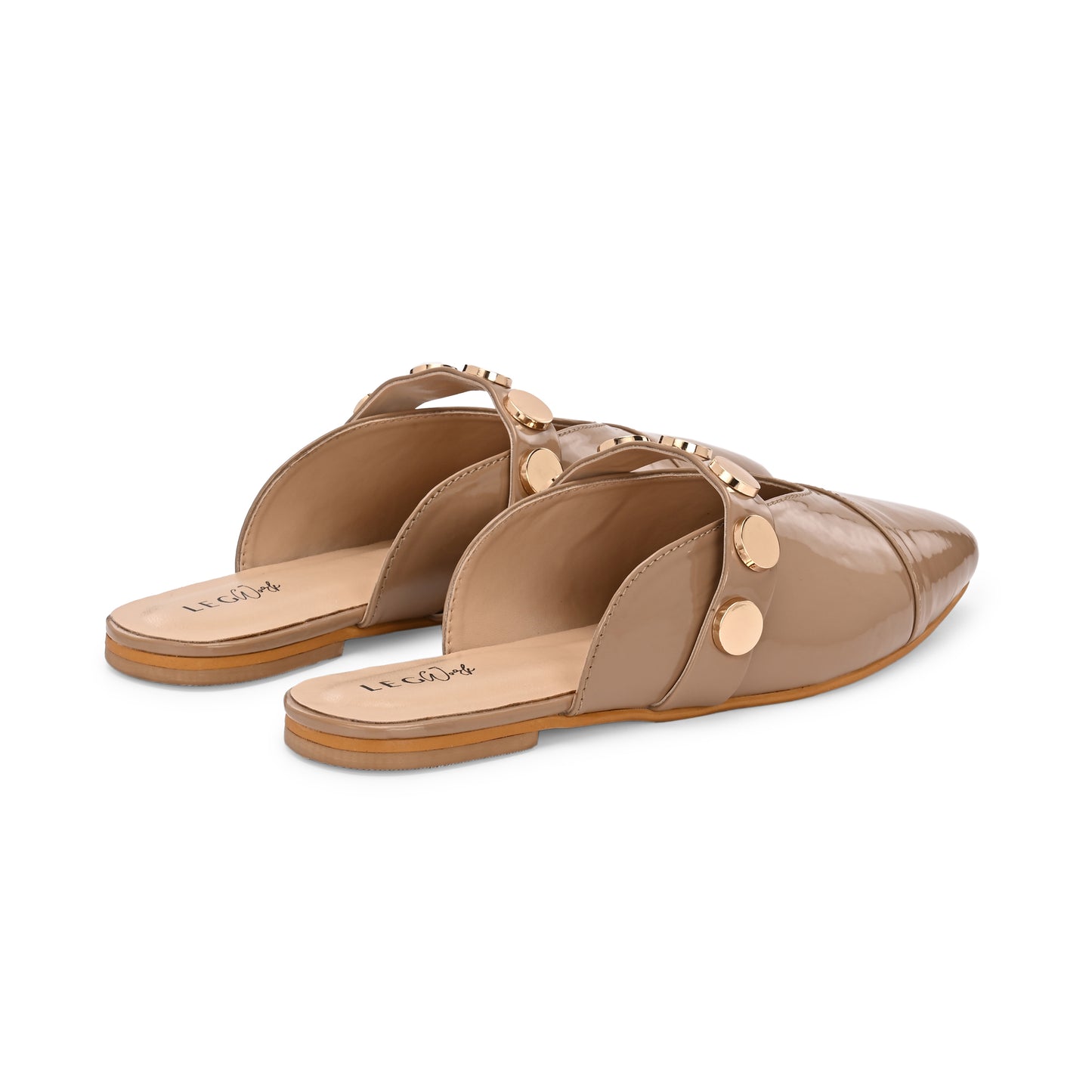 Legwork Patent Flat Mule — Gold Coin Studs | Beige