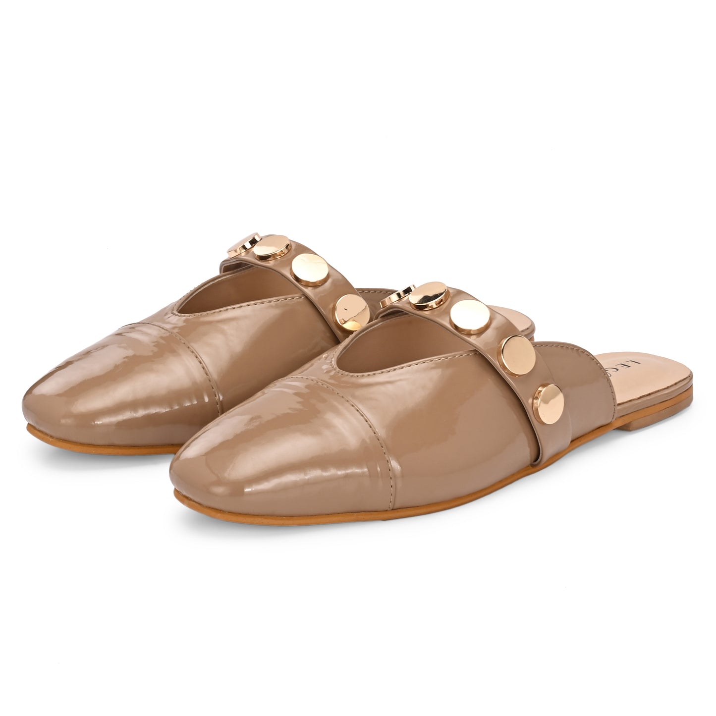 Legwork Patent Flat Mule — Gold Coin Studs | Beige