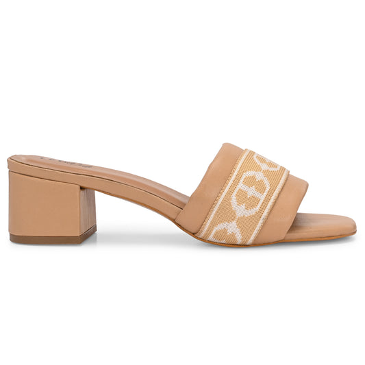 Legwork Block Heel Mule — Jacquard Band Strap | Beige