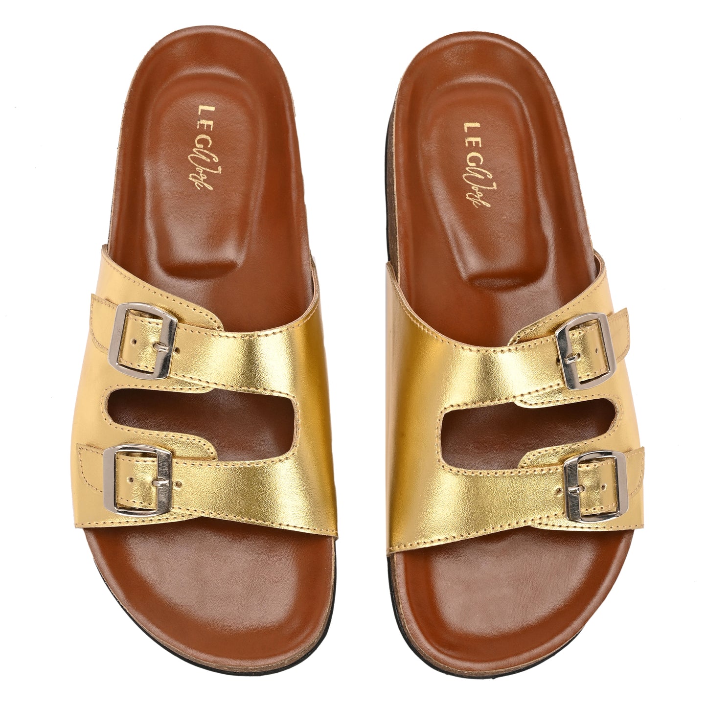 Legwork Double Strap Cork Sole Sandal — Metallic Gold