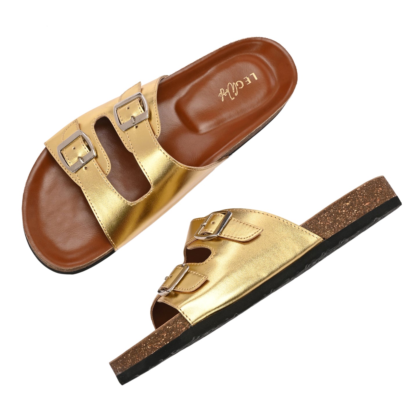 Legwork Double Strap Cork Sole Sandal — Metallic Gold