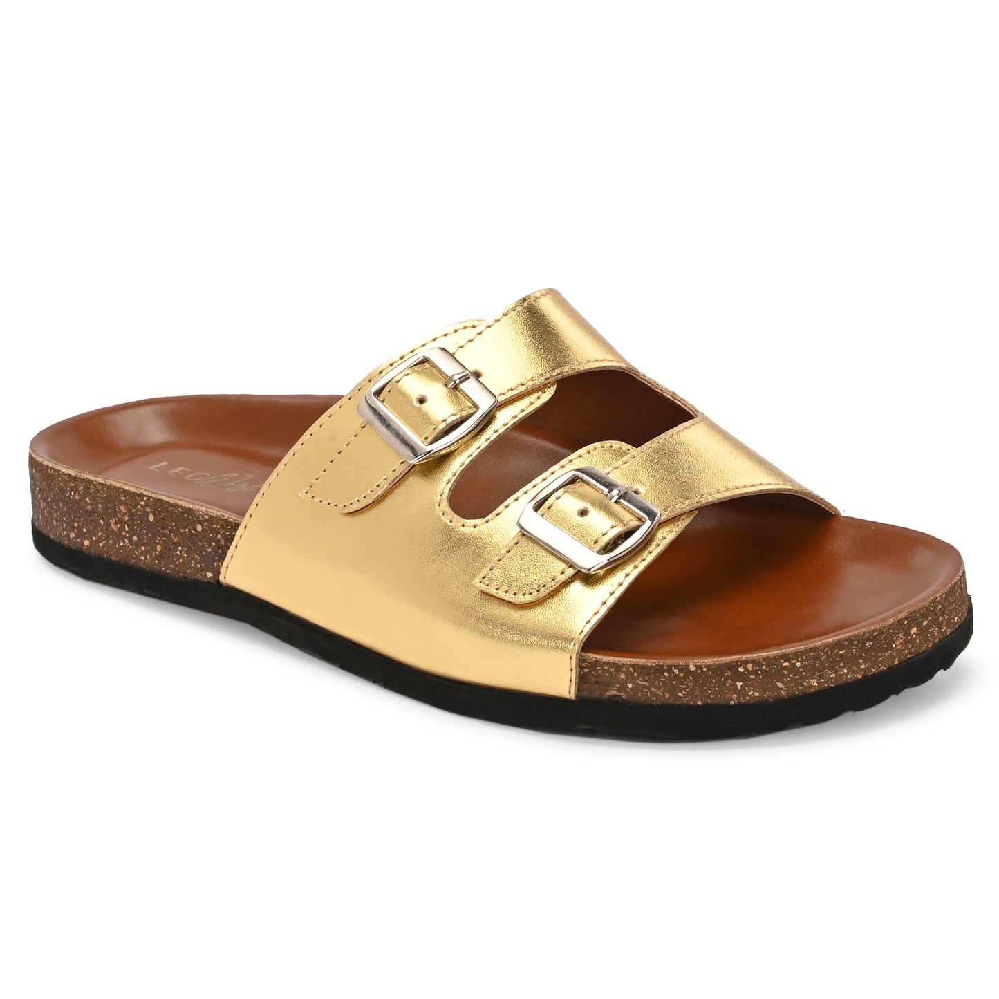 Legwork Double Strap Cork Sole Sandal — Metallic Gold