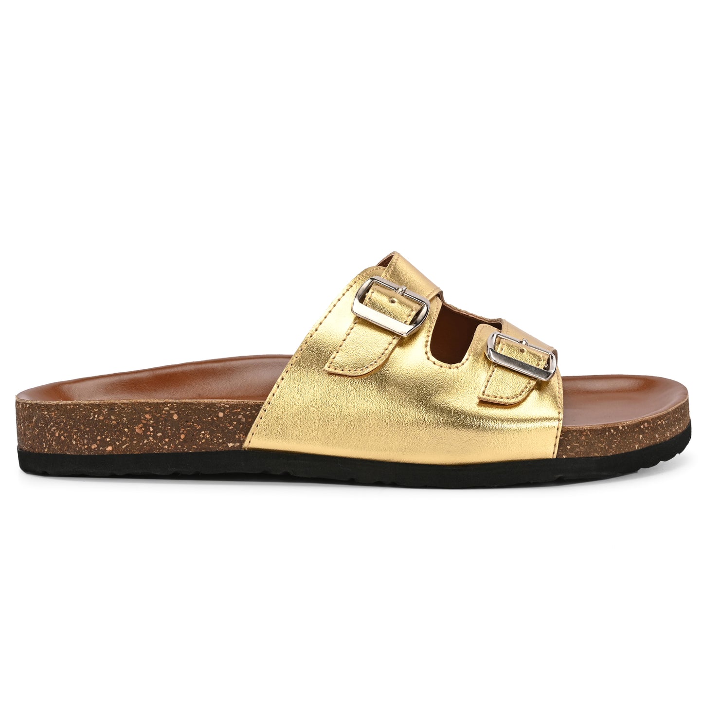 Legwork Double Strap Cork Sole Sandal — Metallic Gold