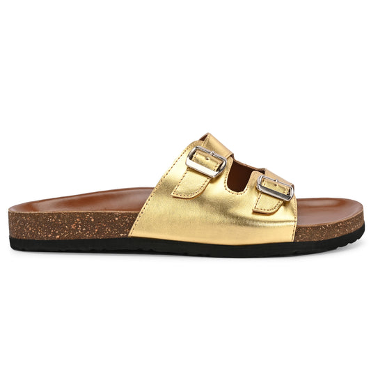 Legwork Double Strap Cork Sole Sandal — Metallic Gold