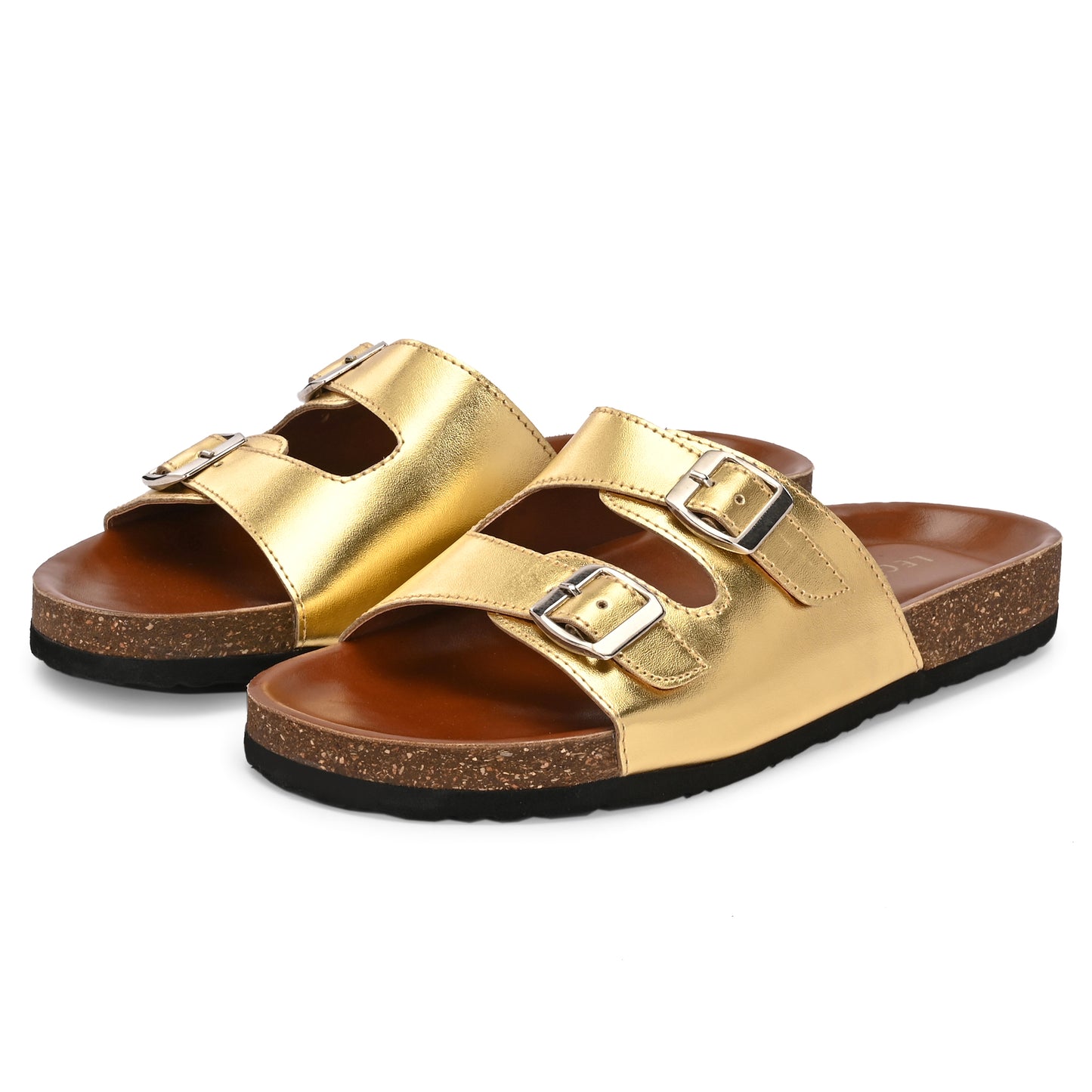 Legwork Double Strap Cork Sole Sandal — Metallic Gold
