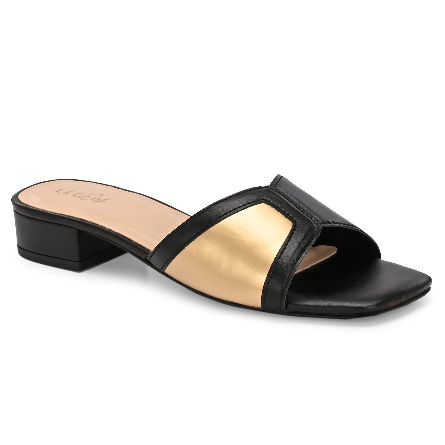 Legwork Block Heel Slide Sandal — Black & Gold