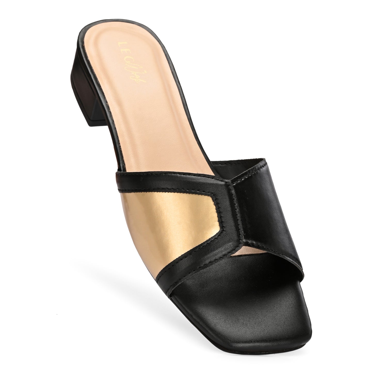 Legwork Block Heel Slide Sandal — Black & Gold