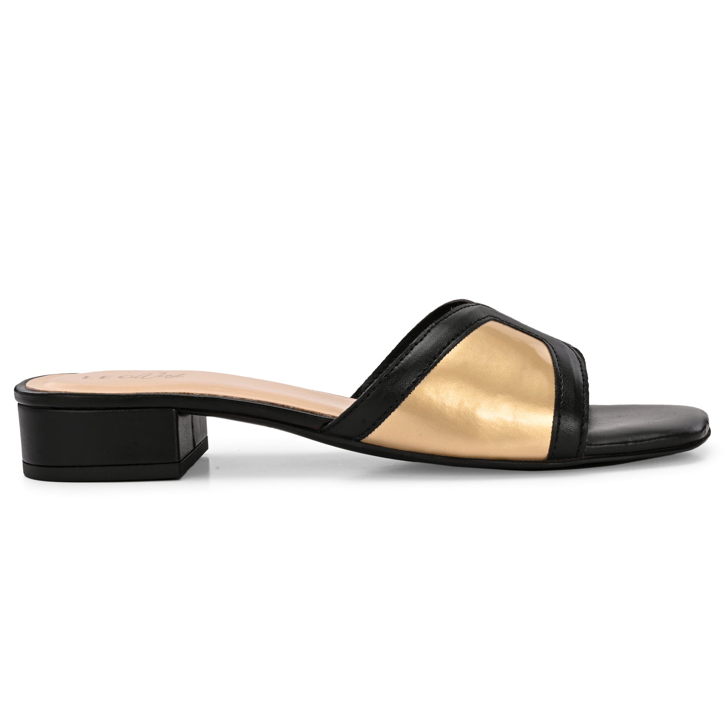 Legwork Block Heel Slide Sandal — Black & Gold