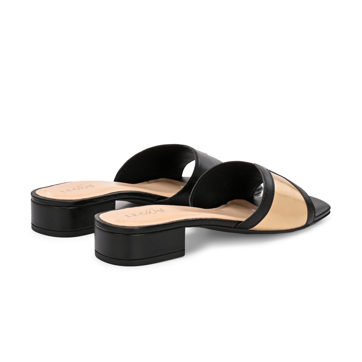 Legwork Block Heel Slide Sandal — Black & Gold