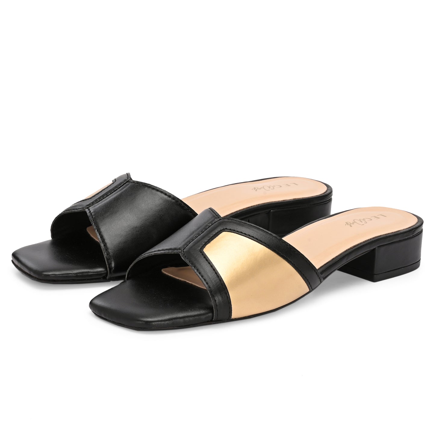 Legwork Block Heel Slide Sandal — Black & Gold