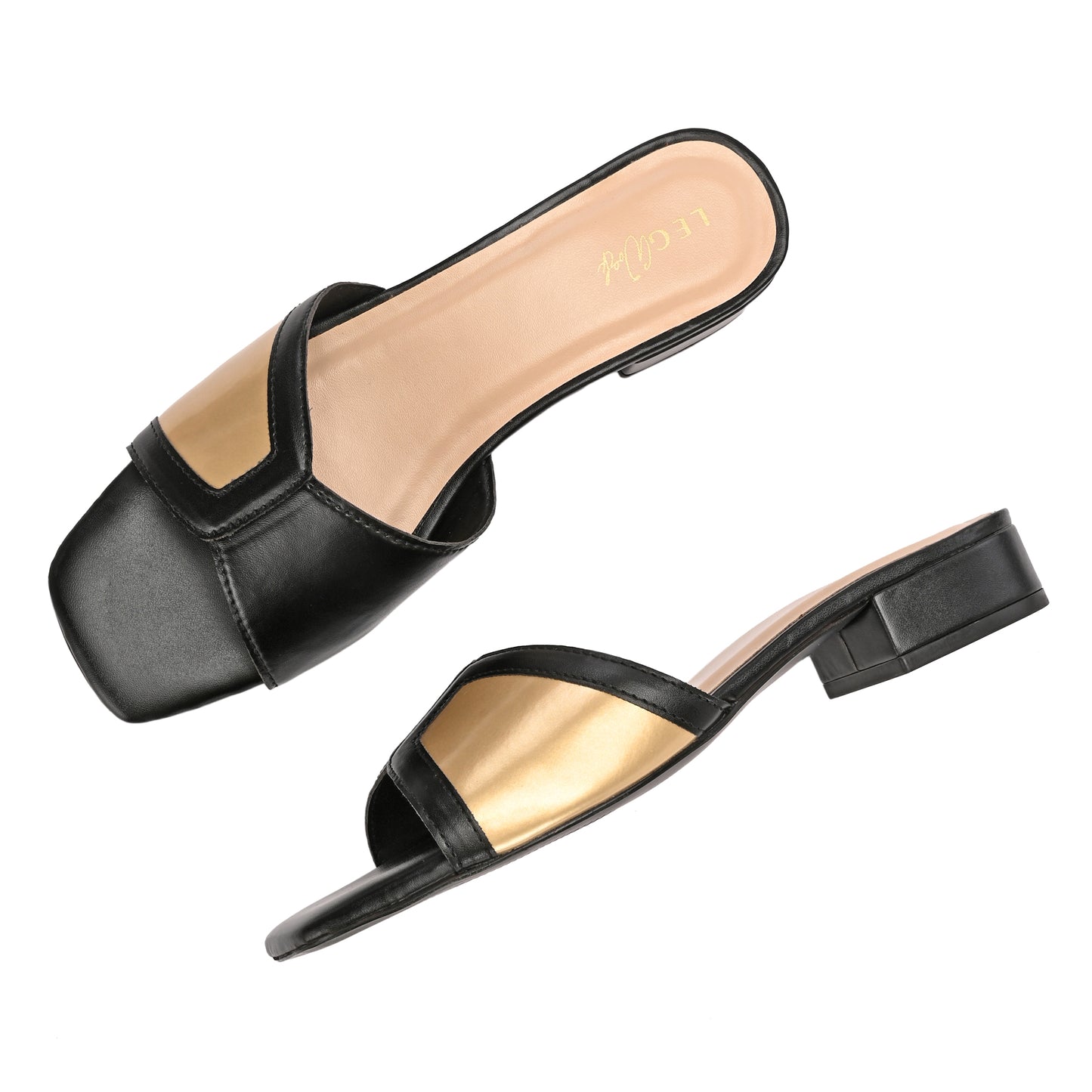 Legwork Block Heel Slide Sandal — Black & Gold