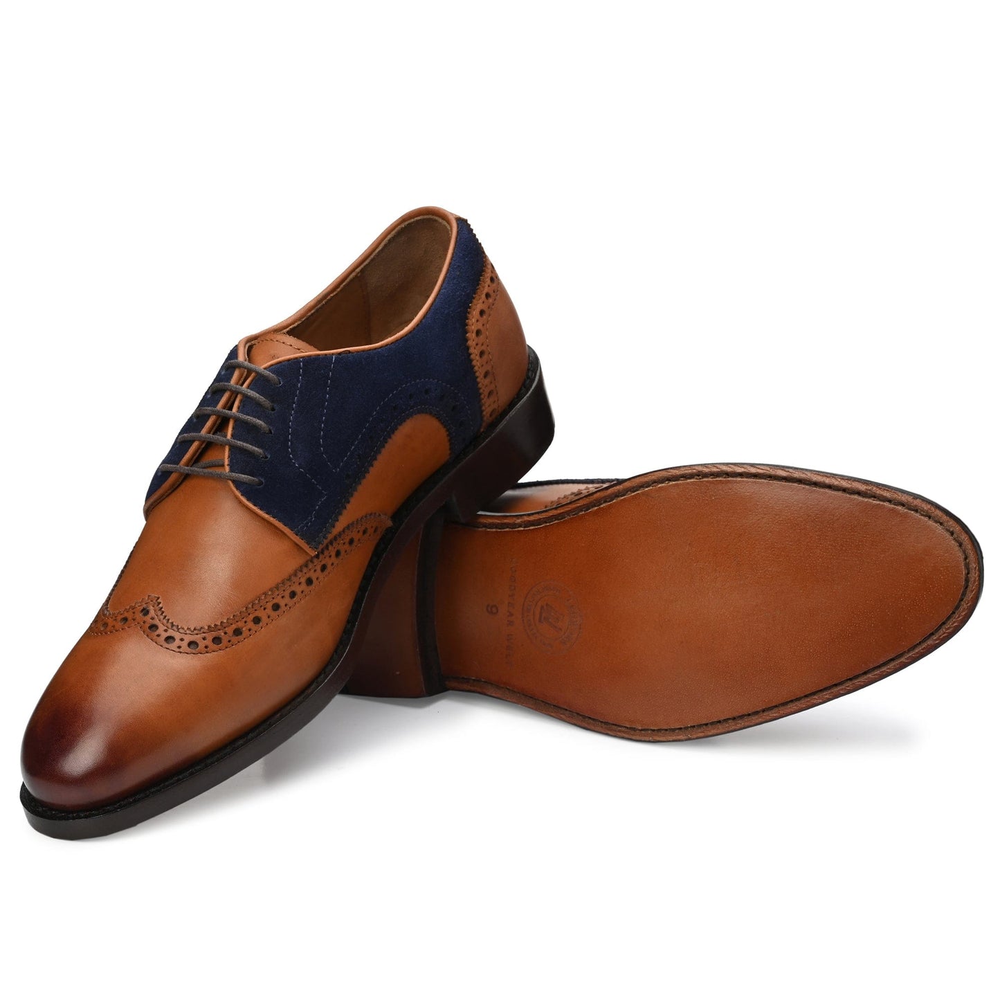 WINGTIP BROGUE TAN ITALIAN ANTIQUE & BLUE SUEDE LEATHER DRESS SHOES GOODYEAR WELTED