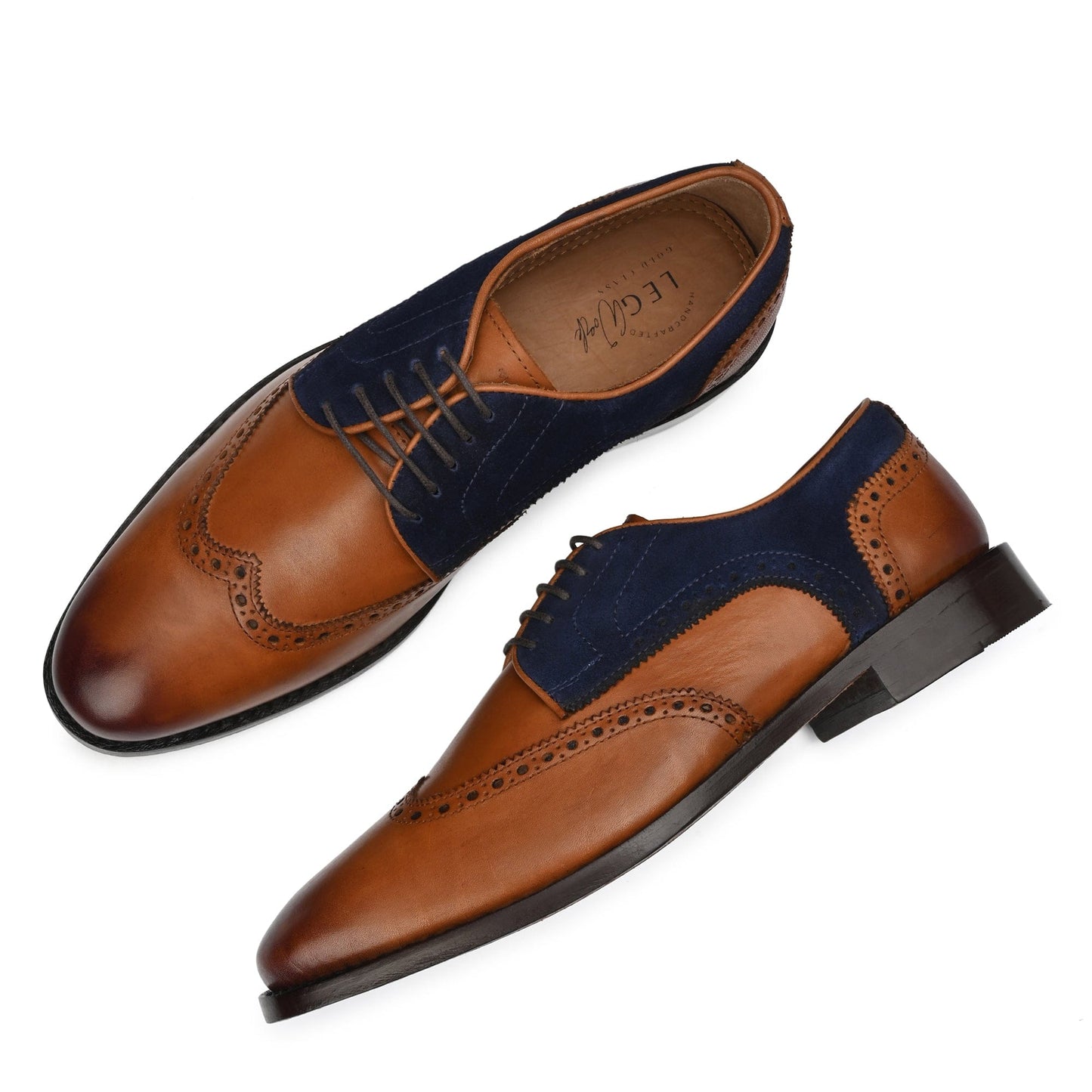 WINGTIP BROGUE TAN ITALIAN ANTIQUE & BLUE SUEDE LEATHER DRESS SHOES GOODYEAR WELTED